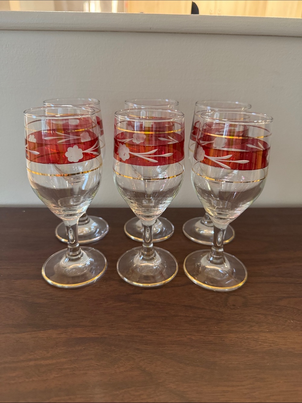 Vintage Bohemian Ruby Red & Gold Trim Floral Wine Glasses - Set of 6